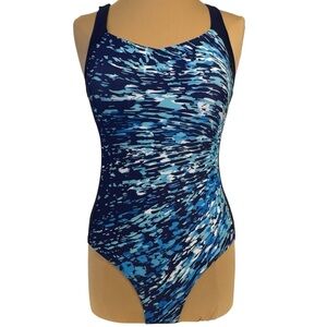 Sporty Shades of blue One Piece tank swimsuit high back ocean wave print Medium